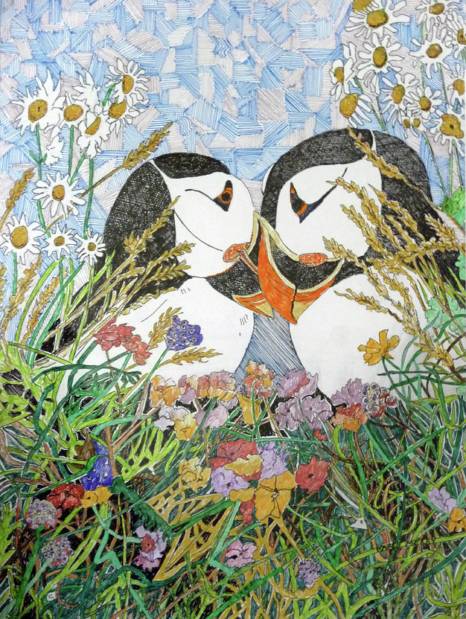 Puffin Love Painting by Karen Merry