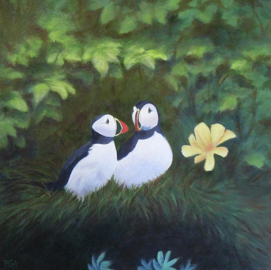 Puffins at Vik Painting by Phyllis Andrews