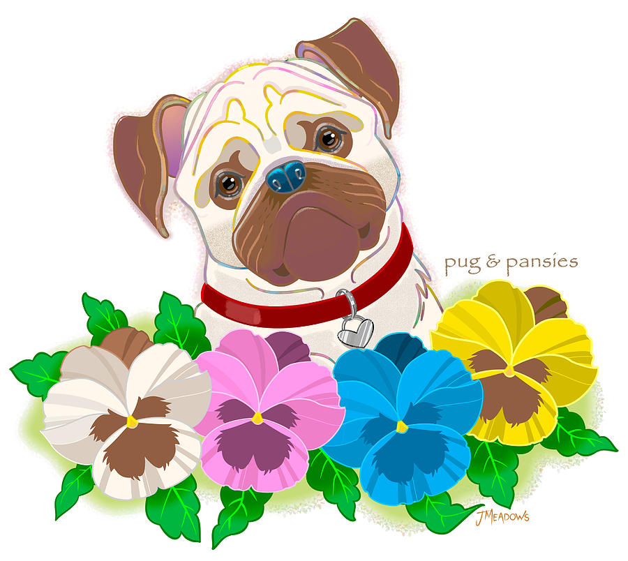 Pug and Pansies Mixed Media by J L Meadows