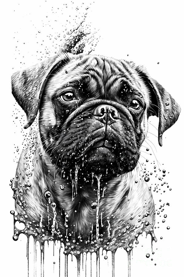 Pug Dog Ink Drawing In Splash of Inked Black and White Animal Intricate ...