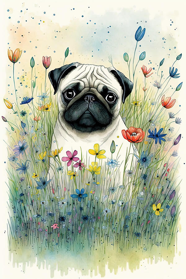 Pug in a flower field 2 Digital Art by Debbie Brown