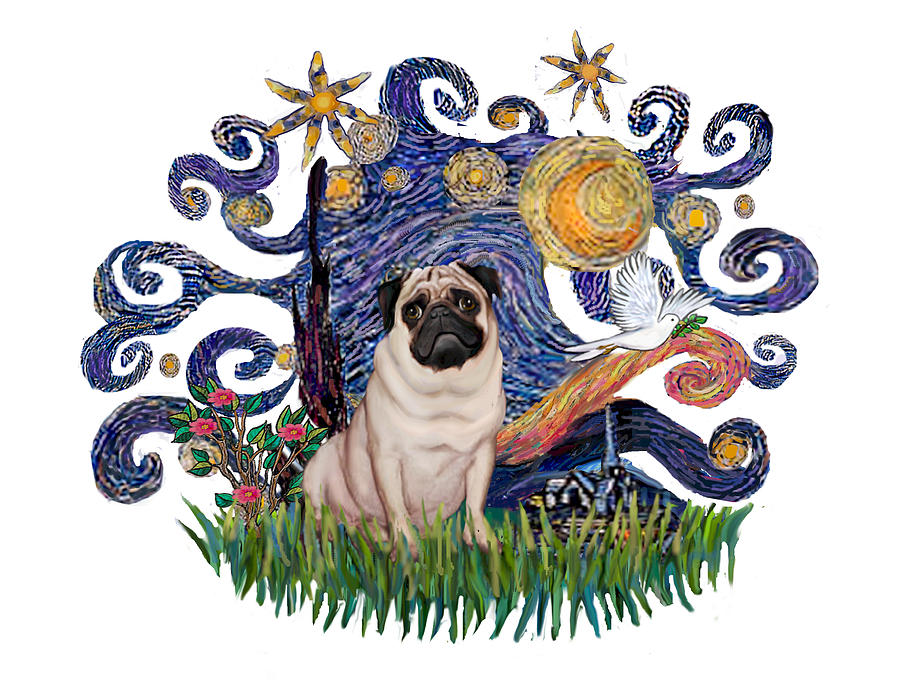 Pug in Free Form Starry Night Digital Art by Jean Batzell Fitzgerald