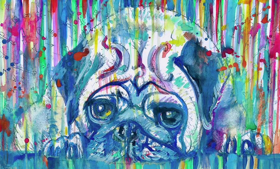 Pug Painting - PUG RESTING ON THE FLOOR - watercolor portrait by Fabrizio Cassetta