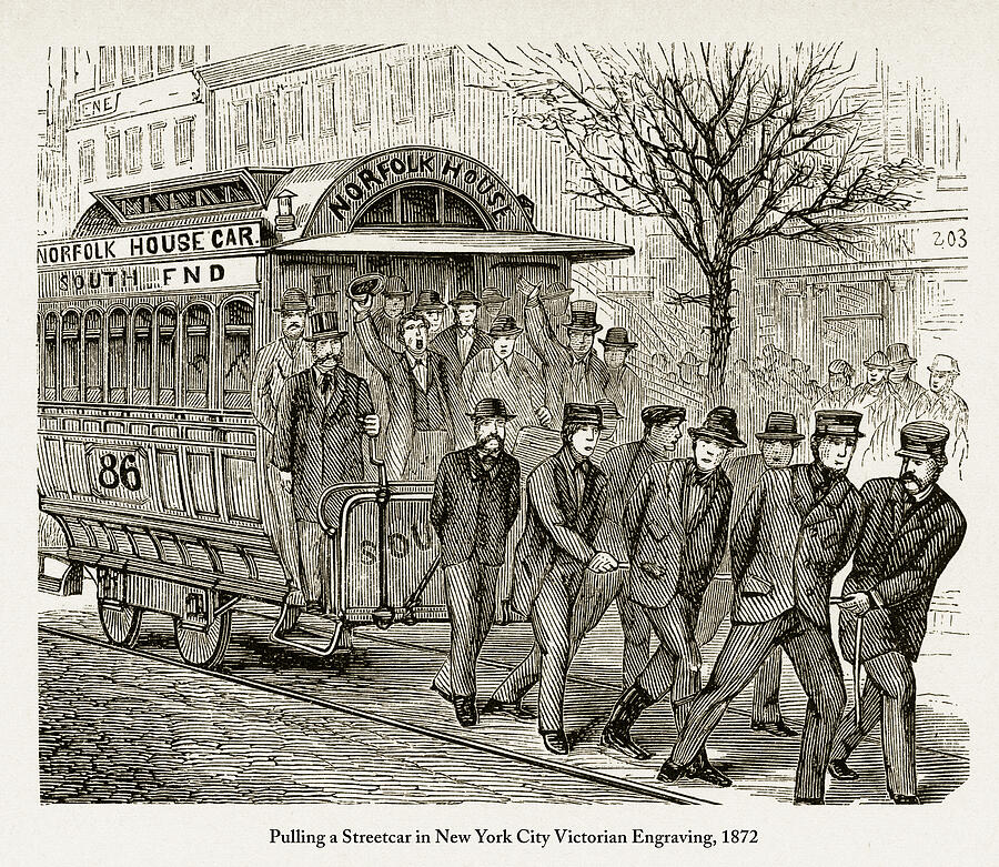 Pulling a Streetcar in New York City Victorian Engraving, 1872 Drawing by Bauhaus1000