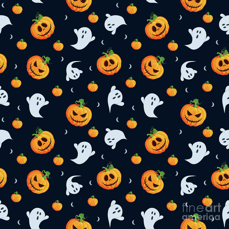 Pumpkin and Ghost Spooky Halloween Pattern Digital Art by Amusing DesignCo