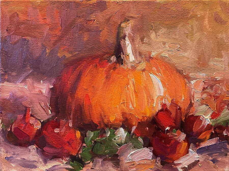 Pumpkin and poms Painting by R W Goetting