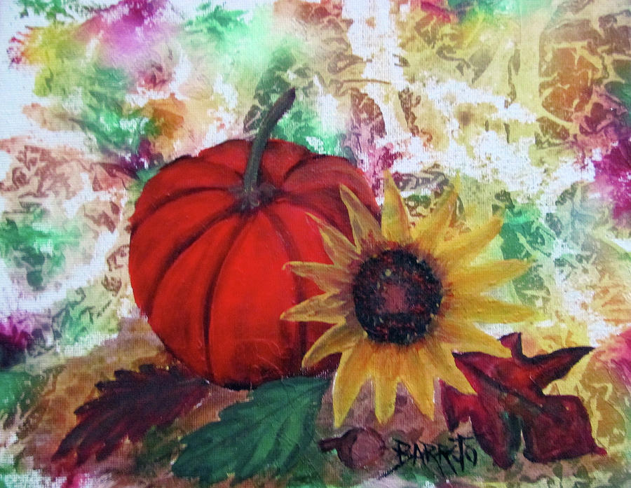 Pumpkin and Sunflower Painting by Gloria E Barreto-Rodriguez