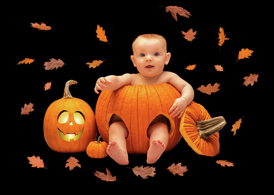 Pumpkin Baby Falling Leaves Photograph by Patti Deters