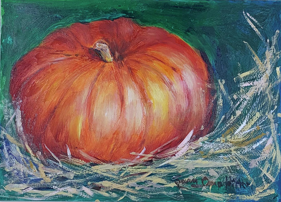 Pumpkin in the straw Painting by Susan Camp Hilton