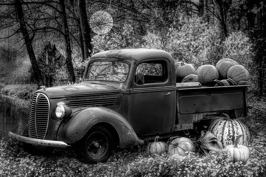 Pumpkin Truck on Halloween Black and White Photograph by Debra and Dave Vanderlaan