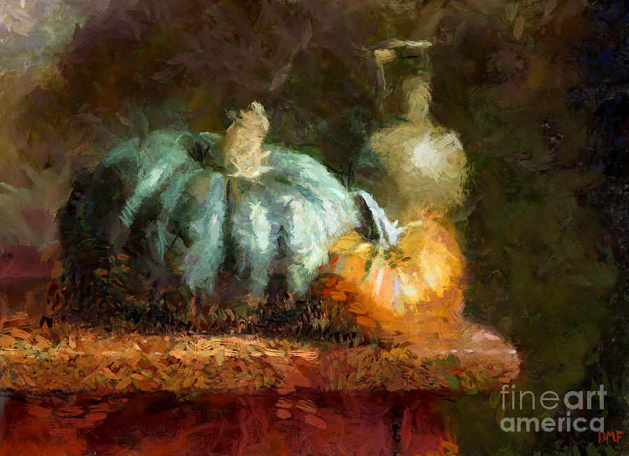 Pumpkin Painting - Pumpkins And A Bottle Of Pumpkin Oil by Dragica Micki Fortuna