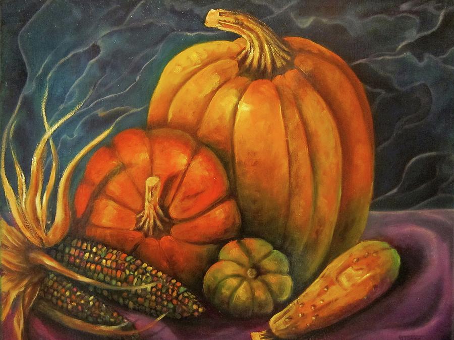 Pumpkins and Corn Painting by Sherry Strong
