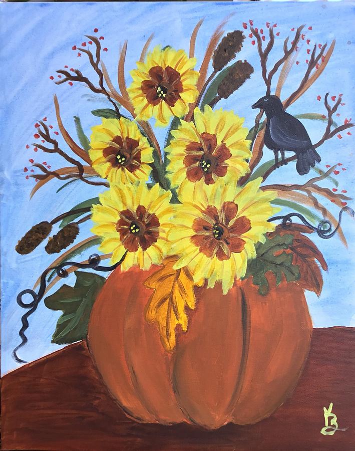 Pumpkins and Flowers  Painting by Karen Buford