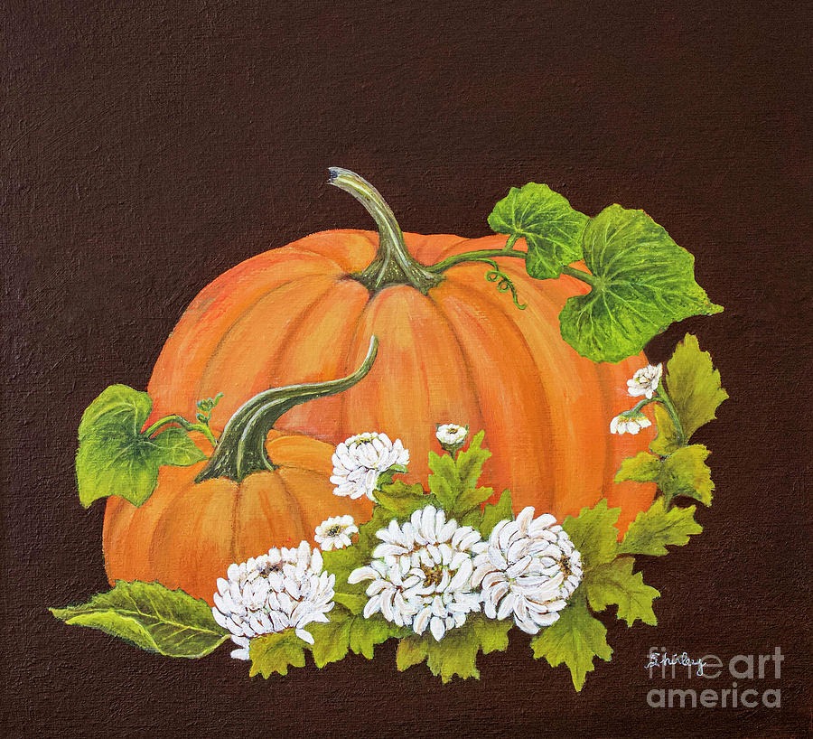 Pumpkins and Flowers Painting by Shirley Dutchkowski