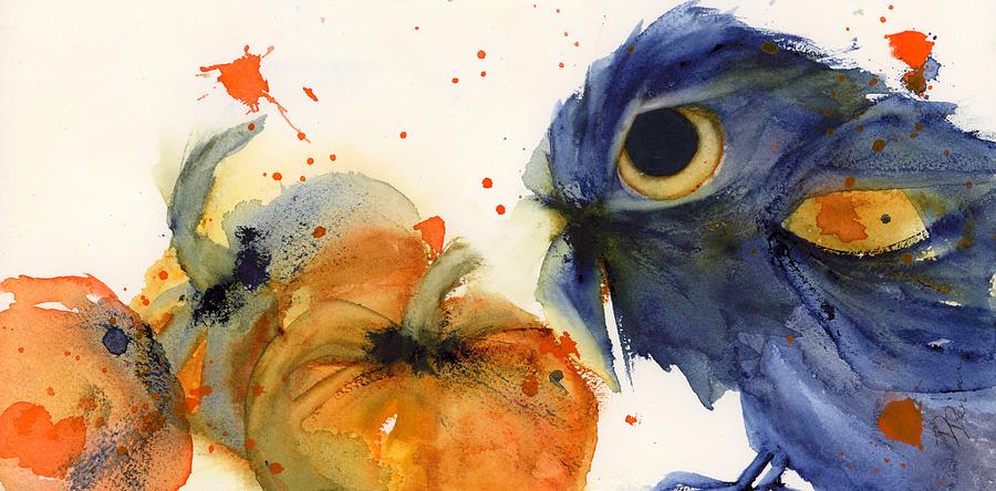 Pumpkins and Raven Painting by Dawn Derman