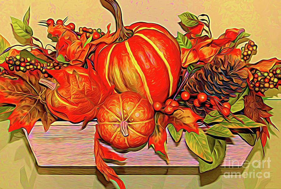 Pumpkins Leaves Berries And A Pinecone In A Window Box Abstract Expressionism Photograph