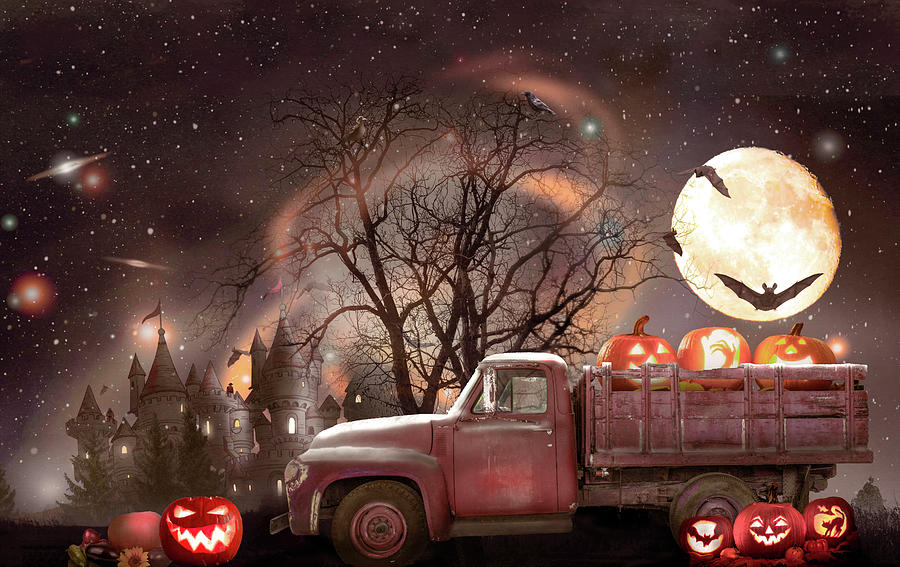 Pumpkins under the Halloween Country Moon Photograph by Debra and Dave Vanderlaan