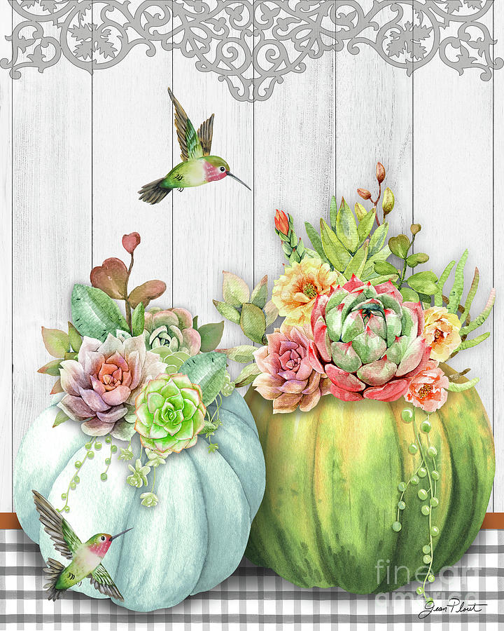 Pumpkins With Succulents B Painting by Jean Plout