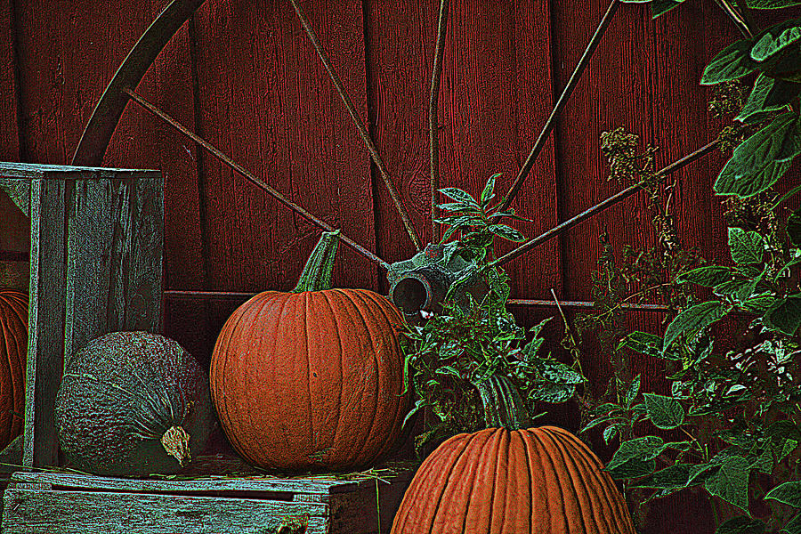 Pumpkins And A Wagon Wheel Photograph
