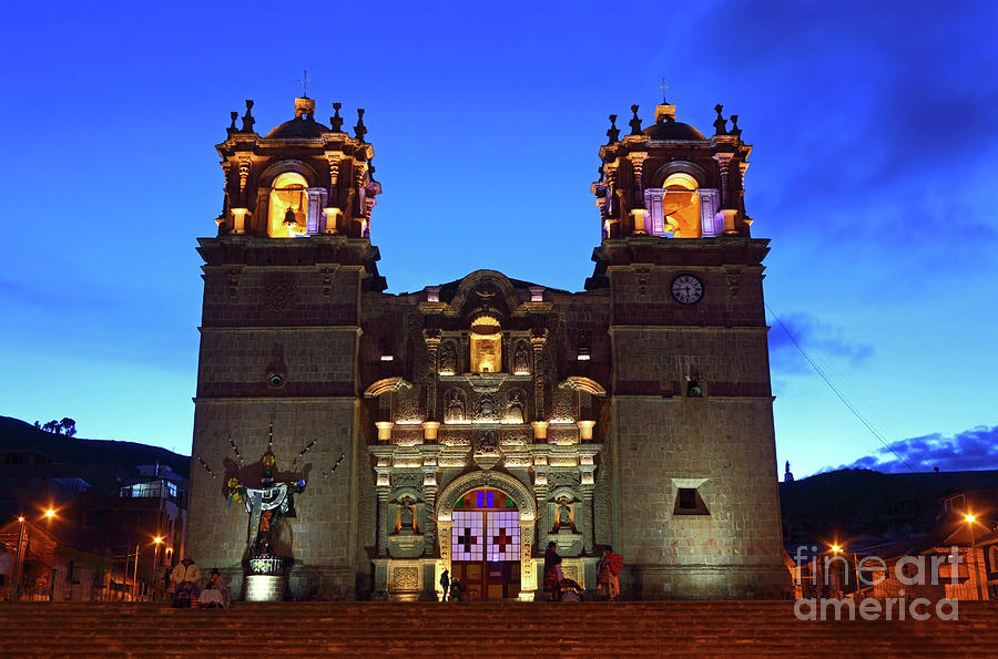 Puno cathedral at twilight Peru Photograph by James Brunker