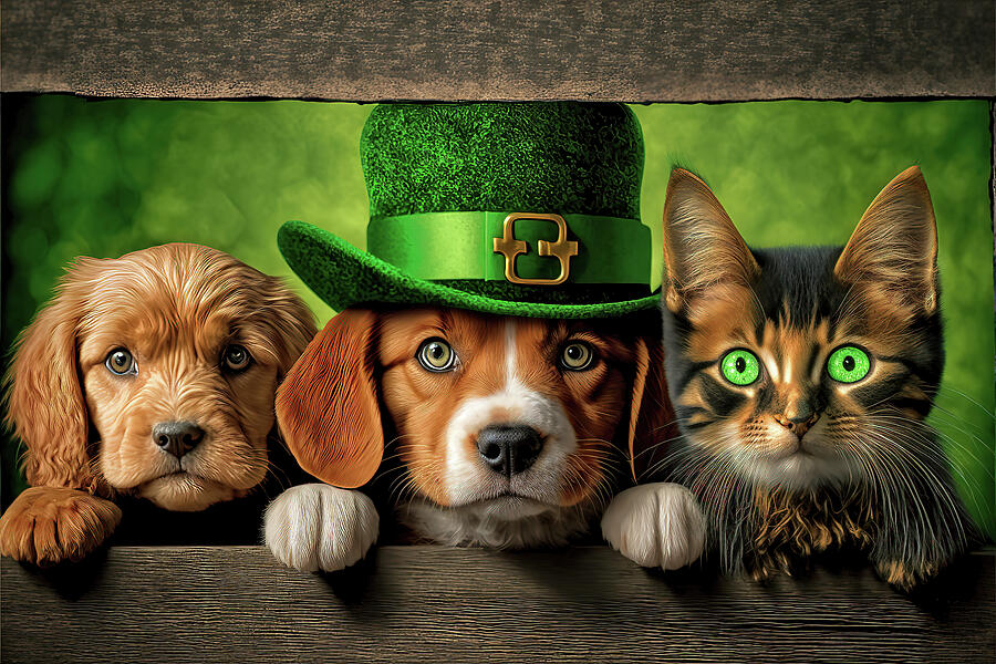 Puppies and Cat Peeking Over a Fence on St Patricks Day Digital Art by Jim Vallee
