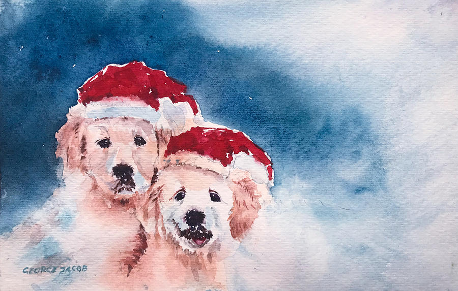 Puppies Christmas  Painting by George Jacob