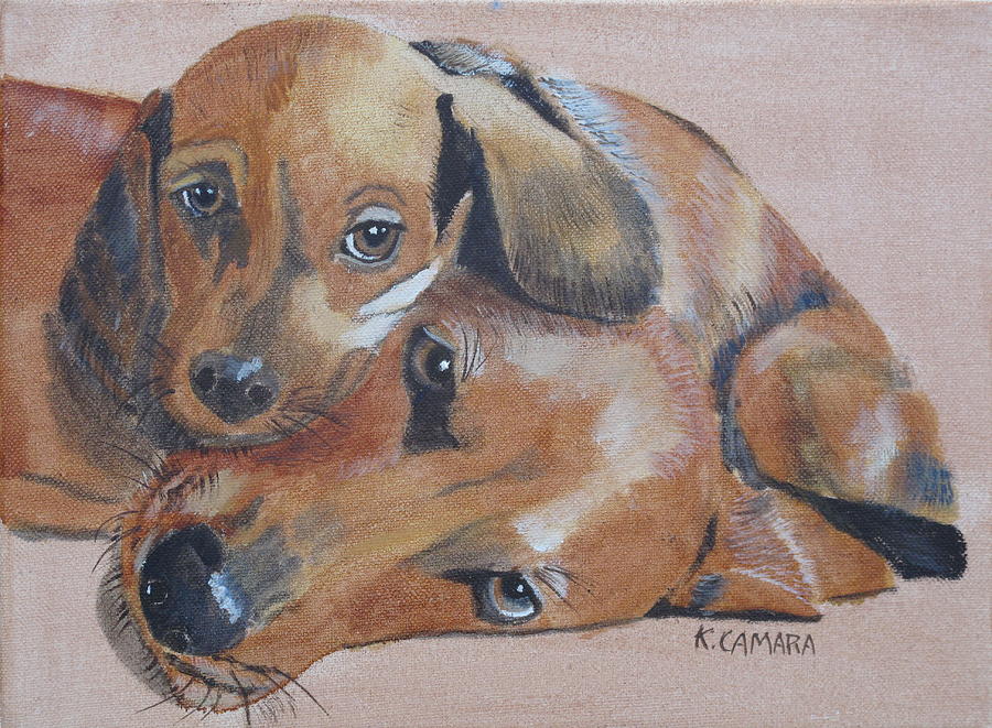 Puppies Cuddling Painting by Kathie Camara