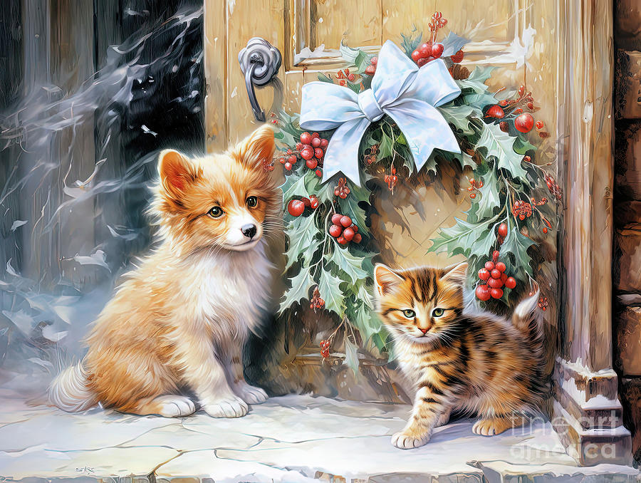 Puppy and Kittens Christmas Digital Art by Elaine Manley
