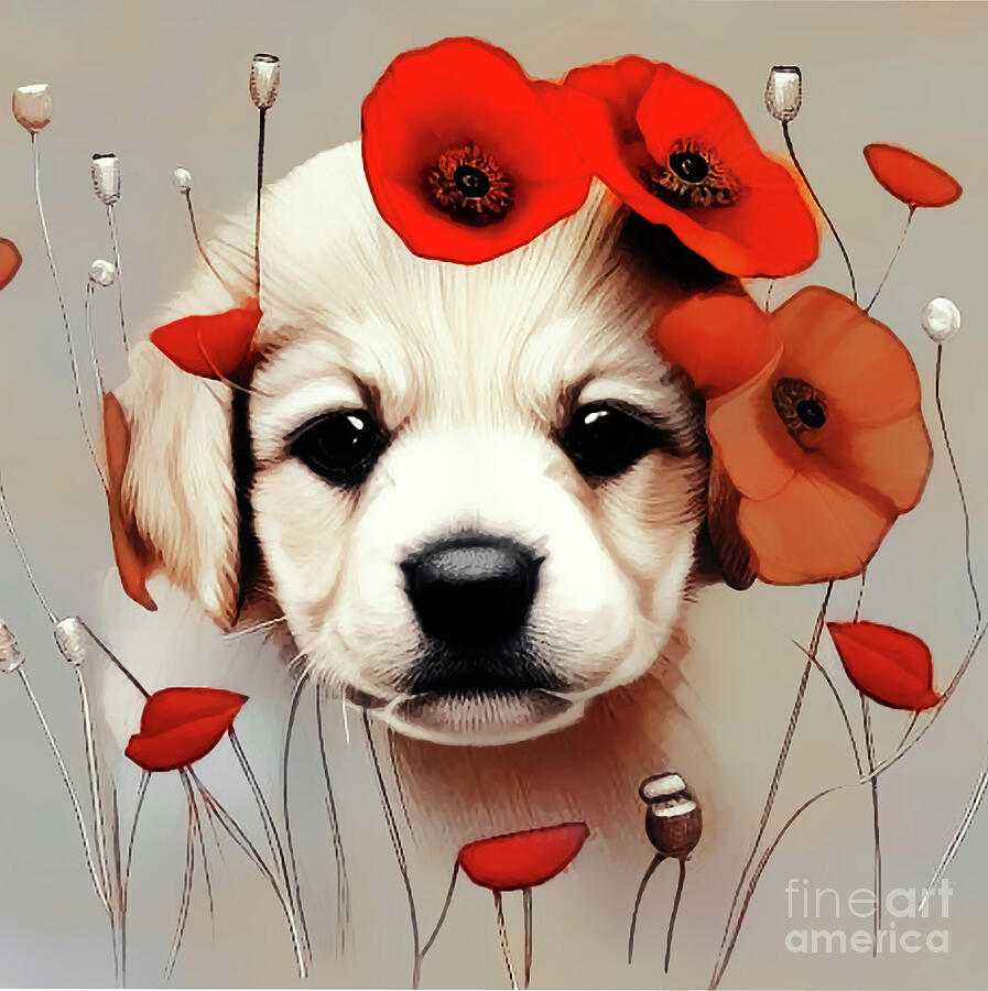 Puppy and Poppies Digital Art by Eddie Eastwood