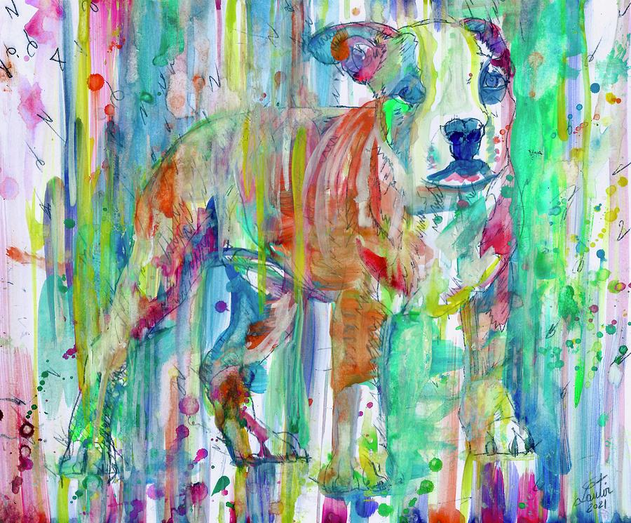 Dog Painting - PUPPY PIT BULL STANDING - watercolor portrait by Fabrizio Cassetta