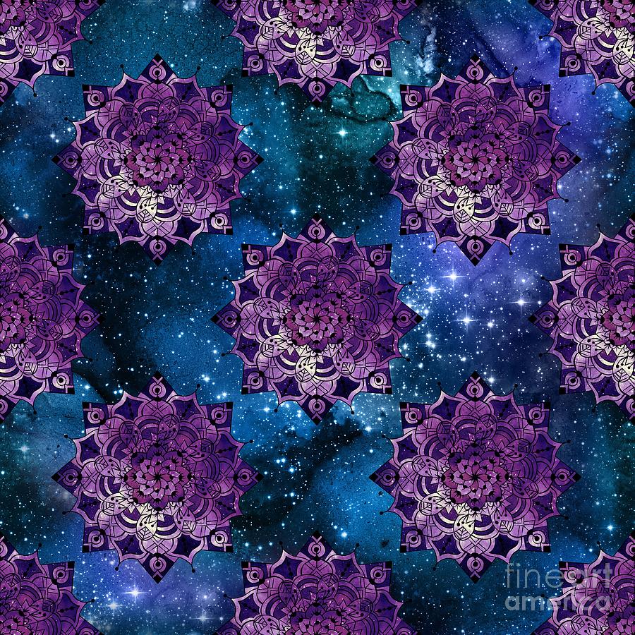 Purela - Blue Purple Watercolor Mandala Galaxy Dharma Pattern Digital Art by Sambel Pedes