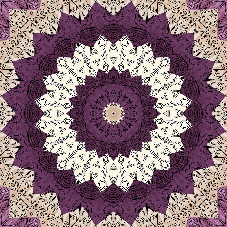 Purple and Beige Mandala Kaleidoscope Medallion Flower Digital Art by Mercury McCutcheon