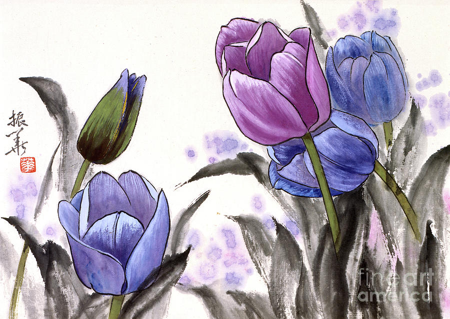 Purple And Blue Tulips Painting by Wang Zhenhua