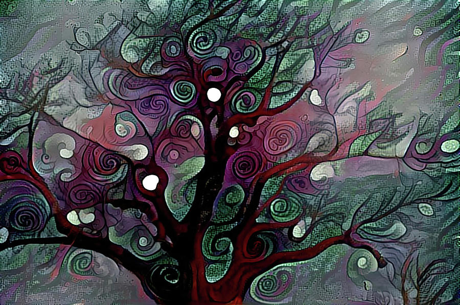Purple and green swirly tree Digital Art by Cathy Anderson