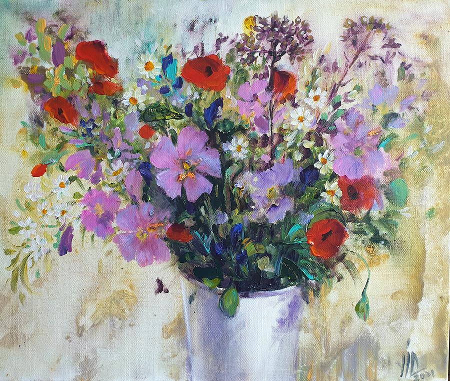 Purple and red flowers in a white vase paintung by Vali Irina Ciobanu Painting by Vali Irina Ciobanu