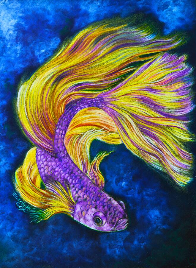 Purple and Yellow Betta Mixed Media by Elizabeth Cox