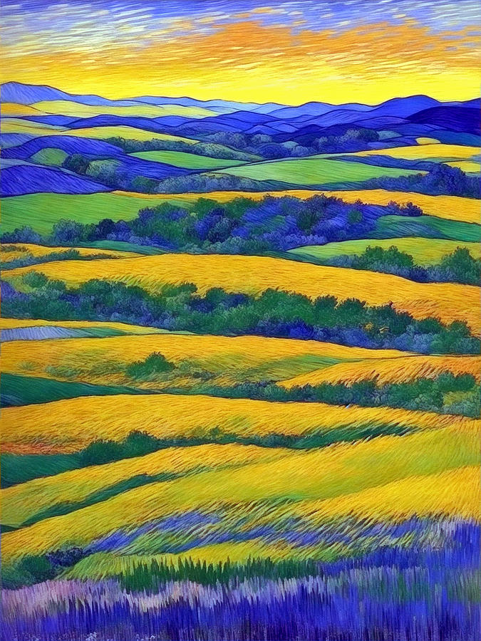 Sunset Digital Art - Purple and Yellow Fields on Sunset by Long Shot