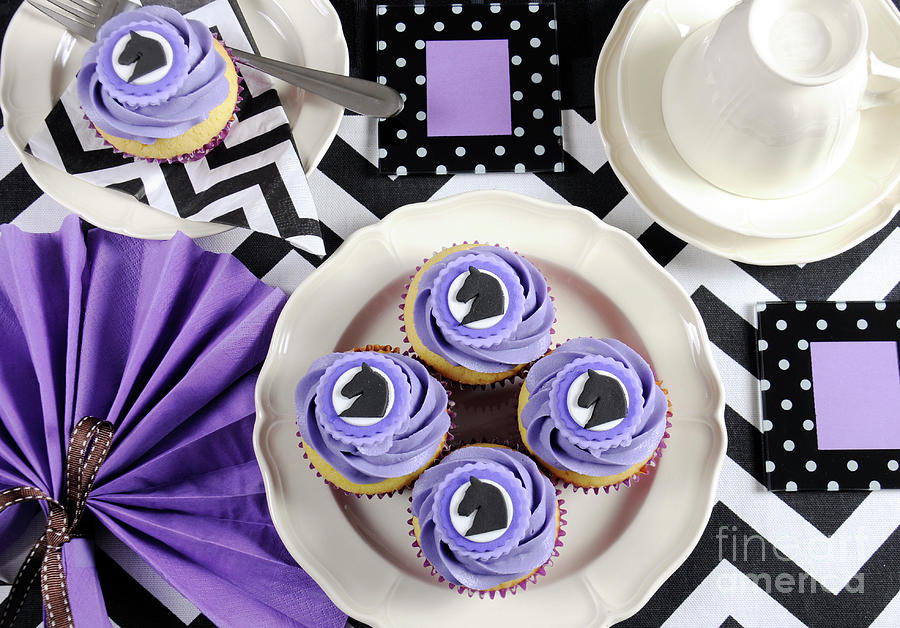 Purple, black and white theme Racing Carnival party table. Photograph by Milleflore Images