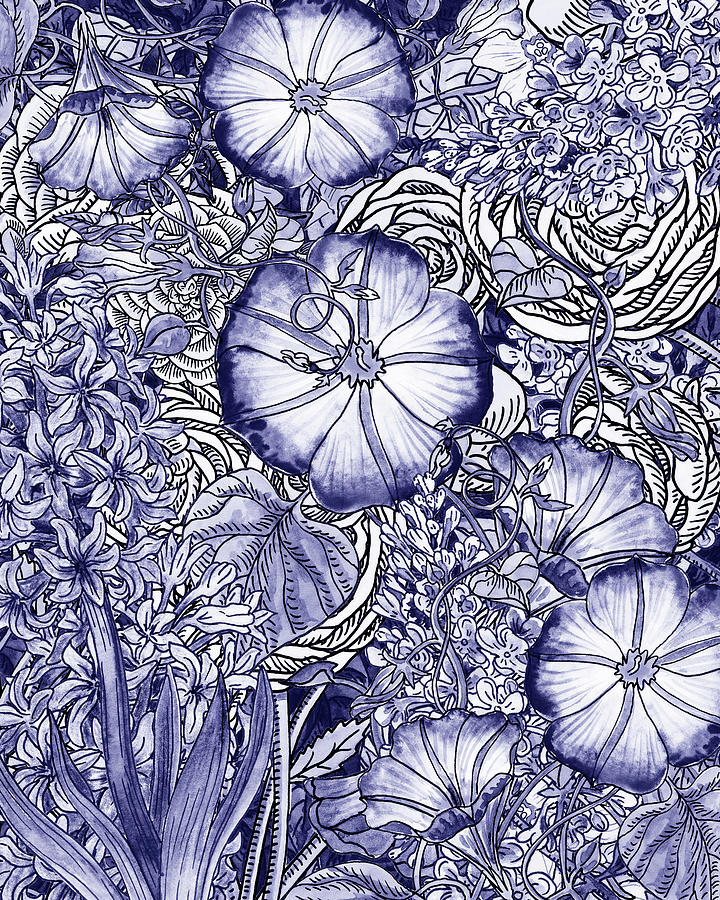 Purple Blue Abstract Very Peri Floral Pattern Decor Design XIX Morning Glory  Painting by Irina Sztukowski