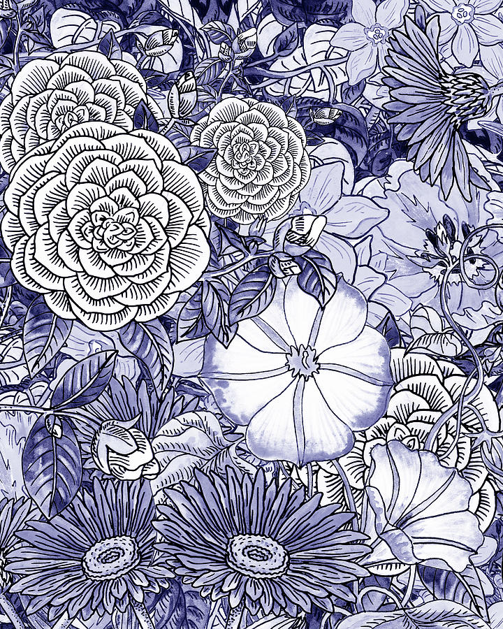 Purple Blue Abstract Very Peri Floral Pattern Decor Design XVI Painting by Irina Sztukowski