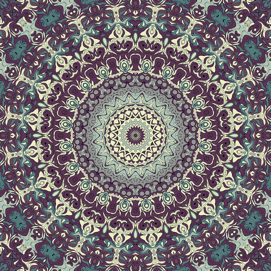 Purple Blue Beige Mandala Kaleidoscope Medallion Flower Digital Art by Mercury McCutcheon