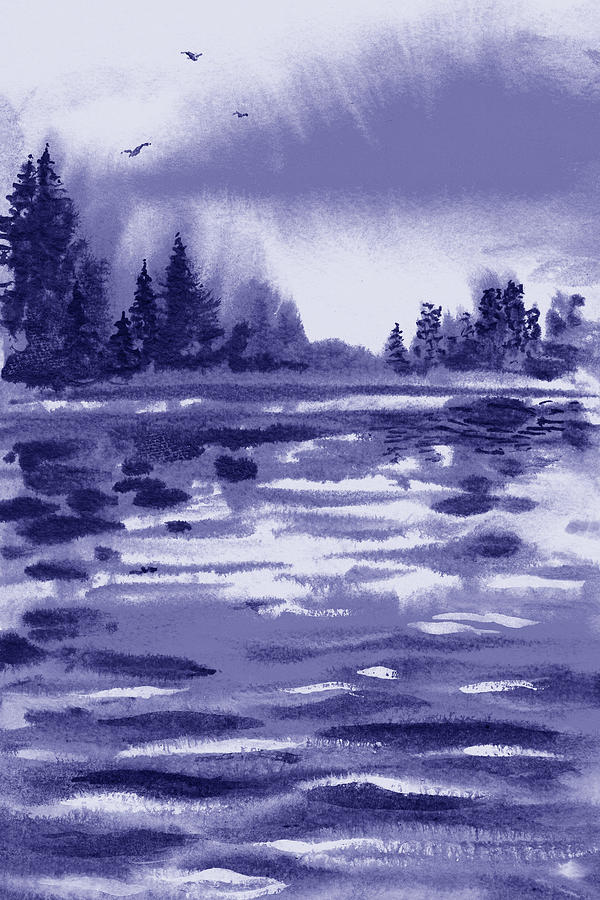 Purple Blue Very Peri Ripples On The Lake Landscape  Painting by Irina Sztukowski