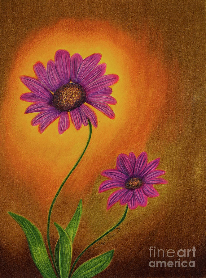 Purple Daisies On A Golden Summer Day Painting by Dorothy Lee