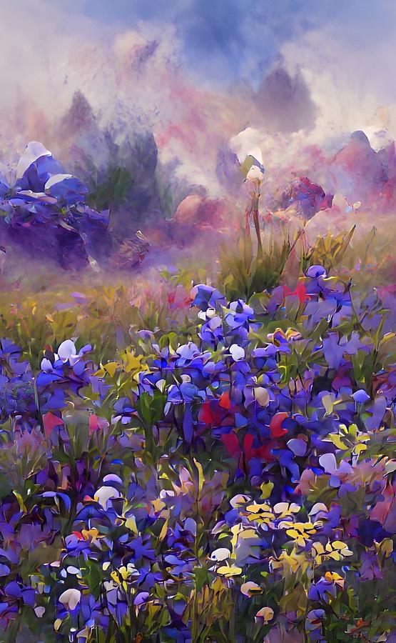 Purple Daydream - flowers on a hillside Digital Art by Bonnie Bruno