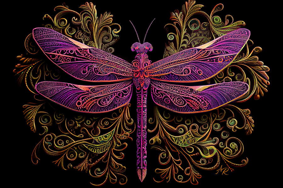 Purple Dragonfly Over Golden Florals Digital Art by Adrian Reich