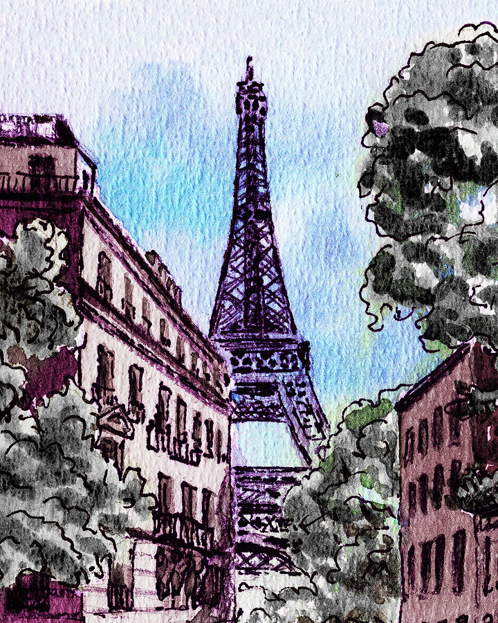 Purple Eiffel Tower Paris France Sketch  Painting by Irina Sztukowski