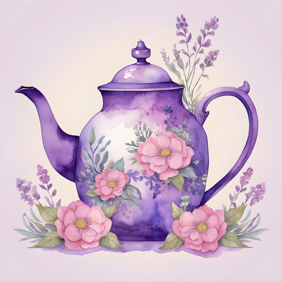Flower Digital Art - Purple floral teapot by Perl Photography