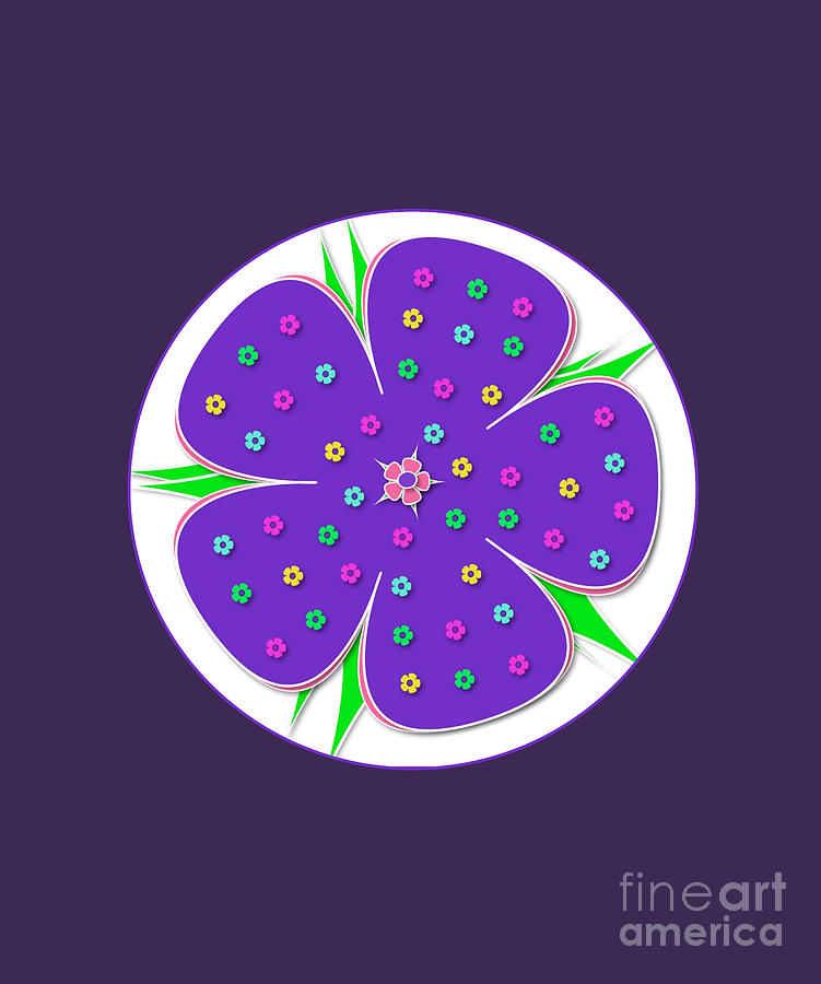 Purple Flower Mandala with Green Leaves Digital Art by Barefoot Bodeez Art