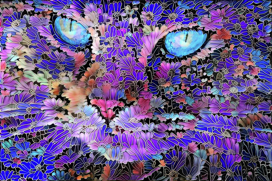 Purple Flower Cat Abstract Art Digital Art by Peggy Collins