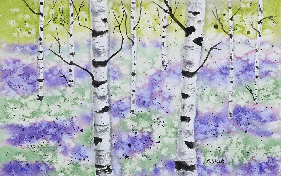 Purple Flowers and Birch Trees Painting by Barbara West